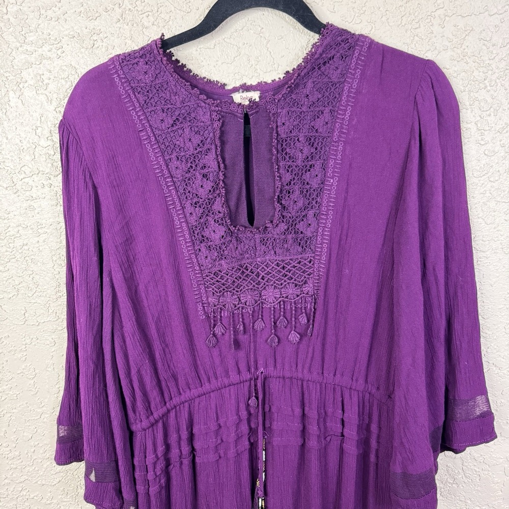 Womens Boho Maxi Dress Size L Burgundy Romantic Lace Flutter Sleeve Empire Waist - Picture 3 of 12